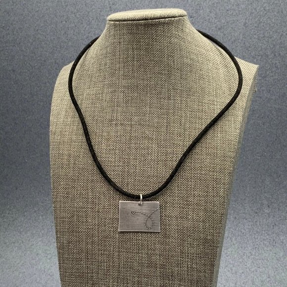 Flying Heart Pendant Necklace Silver Rectangle Black Sueded Cord - Picture 2 of 5